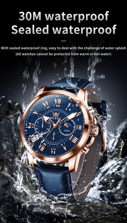 OLEVS 3632 Men Watch Elegant Luxury Sport Quartz Watch Scale Waterproof Luminous Automatic Date Moon Belt Watch Gifts Original