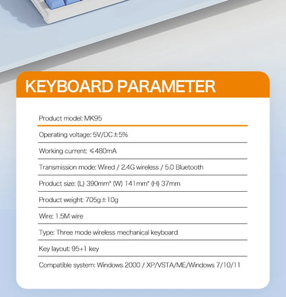 SMAILWOLF MK95 Bluetooth 무선 한국어 맞춤형 기계식 키보드 e-스포츠 3 모드 노트북 오피스 게임 풀 키 핫 스왑 가능 RGB 조명 효과
