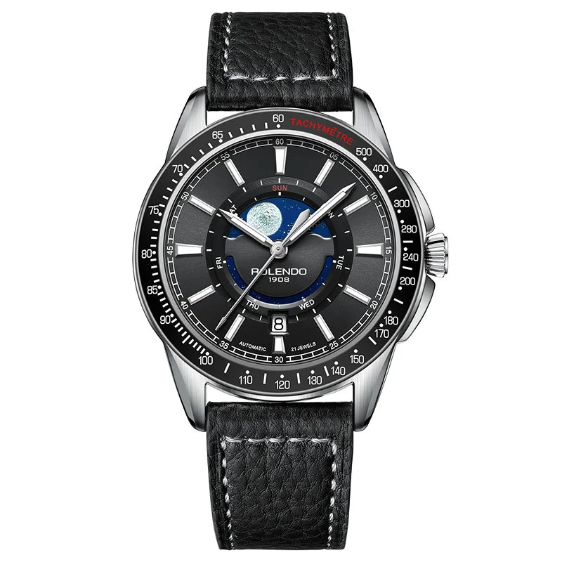 ROLENDO 1908 Men Automatic Mechanical Watch 21 Jewels Black Genuine Leather Business Wristwatch Waterproof Luxury Male Timepiece