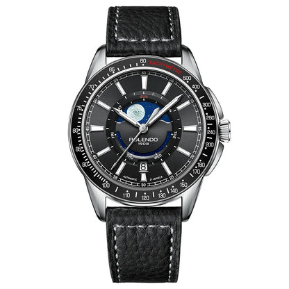 ROLENDO 1908 Men Automatic Mechanical Watch 21 Jewels Black Genuine Leather Business Wristwatch Waterproof Luxury Male Timepiece