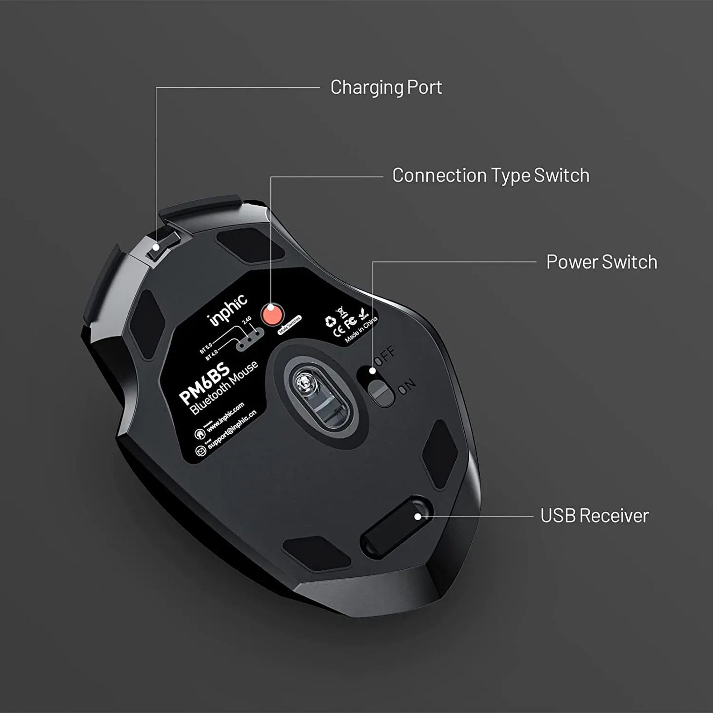 INPHIC A1 BluetoOth Mouse Rechargeable 2.4G Tri-mode Optical Mute Wireless Mouse 1600 DPI for Mac Laptop PC Tablet Mobile Phone