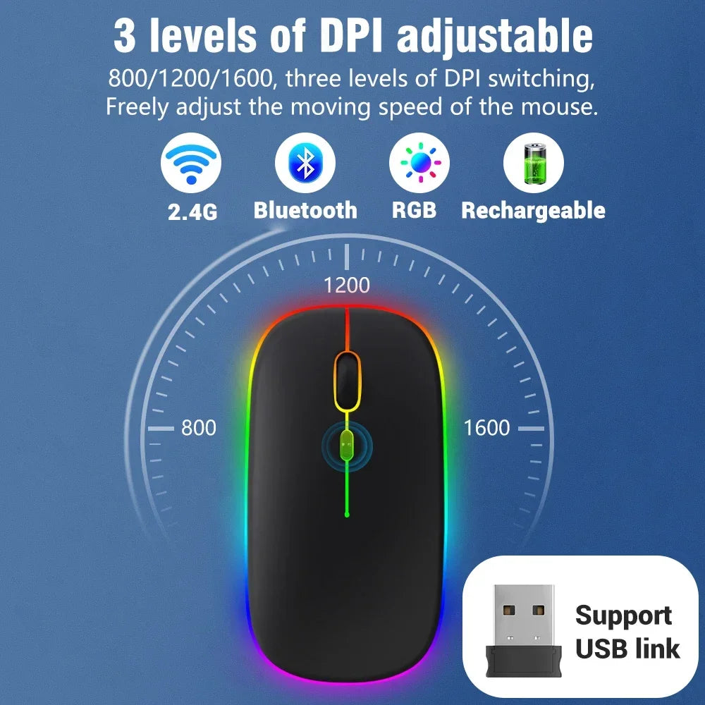 Trådløs genopladelig mus med dobbelt tilstand, Bluetooth-kompatibel 2.4G USB-computermus til laptop, iPad, tablet og notebook – gamingmus