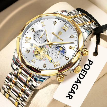 Montre homme POEDAGAR de luxe originale, étanche, chronographe lumineux, montre-bracelet en acier inoxydable à quartz, montres haut de gamme pour hommes