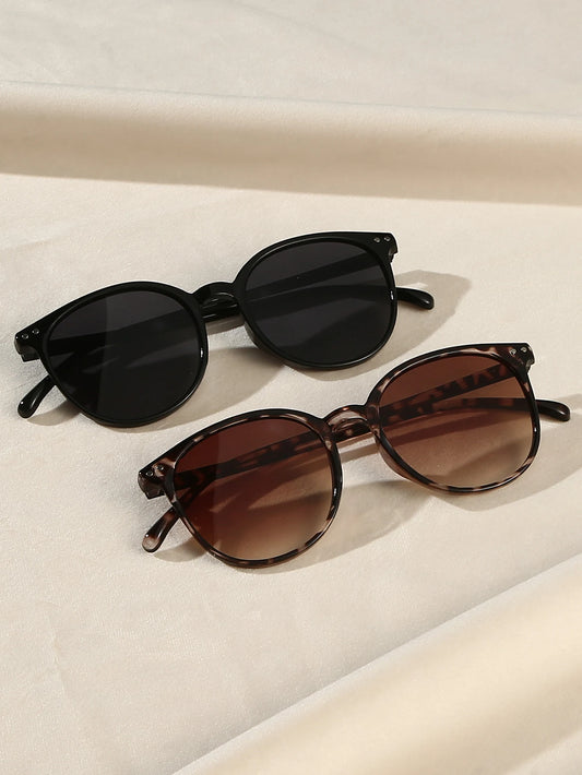 2Pcs Women's Fashionable Round Frame Glasses Chic Black, Tortoiseshell Combination Glasses Daily Wear Holiday Gifts