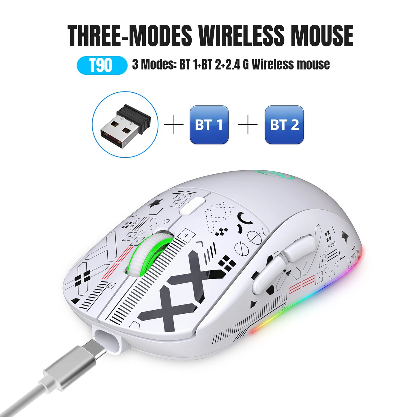 3 tilstande Bluetooth-gamingmus, genopladelig 2.4G USB trådløs mus med RGB-baggrundsbelysning til iPad, tablet, laptop og computer