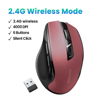UGREEN belaidė pelė Bluetooth5.0, ergonomiška 4000DPI pelė su 6 tyliais mygtukais, skirta MacBook, planšetėms, nešiojamiesiems kompiuteriams, kompiuteriams ir PC, 2.4G pelė
