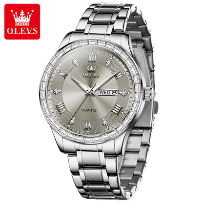 Montre à quartz pour homme OLEVS 9906, modèle carré orné de diamants, bracelet en acier inoxydable, étanche, avec double calendrier; une montre-bracelet de luxe, originale, idéale pour le milieu professionnel.
