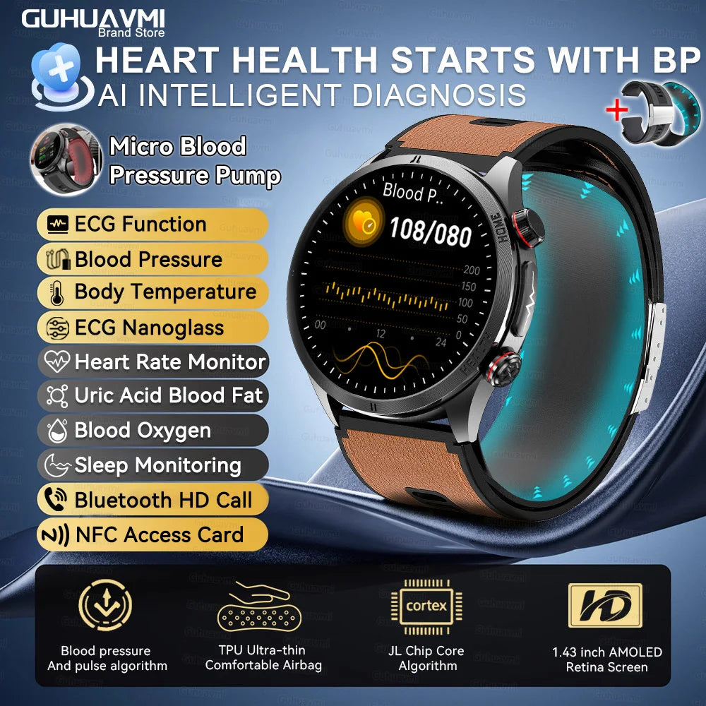 2026New Blood Pressure Air Pump Airbag Accurate Measure Smart Watch Men Micro Physical Examination Health ECG Smartwatch NFC BOX