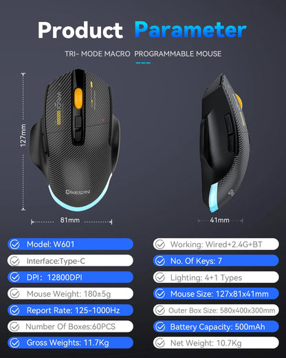 Bezdrátová herní myš Bluetooth, kabelová/bezdrátová RGB myš s 12800 DPI a 7 programovatelnými tlačítky, pro PC, notebook, gaming
