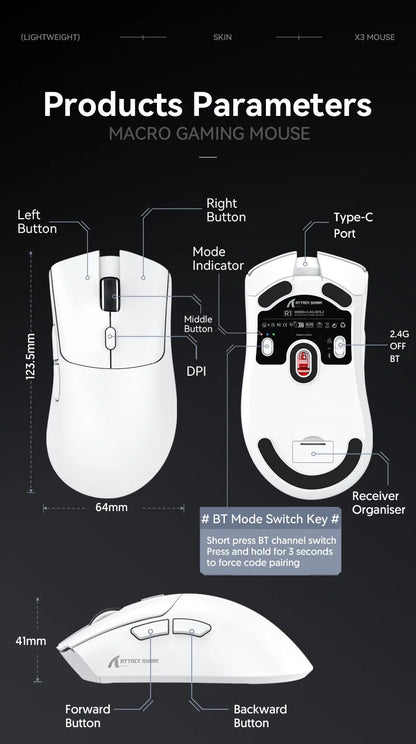 Mouse de gaming wireless Attack Shark R1 Lightweight Bluetooth 2.4G, PAW3311, 18000DPI, ergonomic, cu macrocomenzi