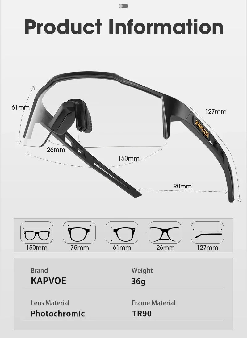 Kapvoe Photochromic Cycling Sunglasses Men Glasses Fashion Mountain Bicycle Outdoor Road Riding Goggles Eyewear Sports MTB Bike