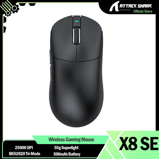 ATTACK SHARK X8 SE 55g суперлека безжична геймърска мишка, BK52820 трирежимна мишка, 25000DPI, 500mAh батерия, 5 програмируеми бутона