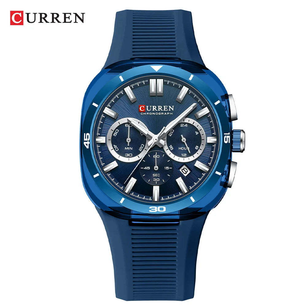 Relógio de homem CURREN – Novo modelo de luxo com movimento de quartzo, bracelete em silicone, estilo desportivo, multifunções, à prova de água, luminoso, com indicação da data e cronómetro.