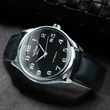 Relógio clássico para homem – Estilo retro com calendário e ponteiros azuis, movimento mecânico automático, marca de prestígio, caixa em aço e bracelete em pele