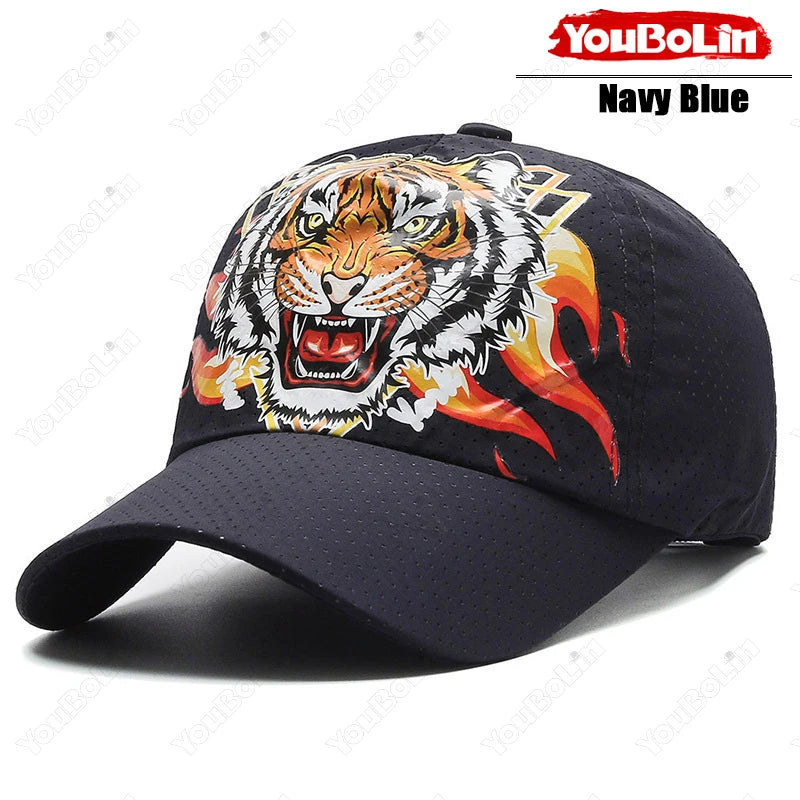 Outdoor Tiger Face Baseball Cap, Summer Quick-Dry Fabric, Mesh & Perforated Design, Ethnic Print Sun Protection Hat