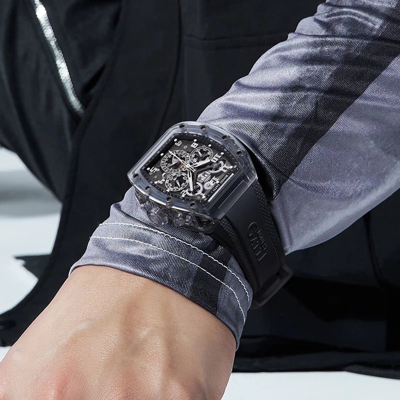 BONEST GATTI Automatic Watch Tonneau Mechanical Wristwatch K9 Crystal Case Rubber Strap Multi Dial Watches For Men