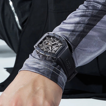 BONEST GATTI Automatic Watch Tonneau Mechanical Wristwatch K9 Crystal Case Rubber Strap Multi Dial Watches For Men