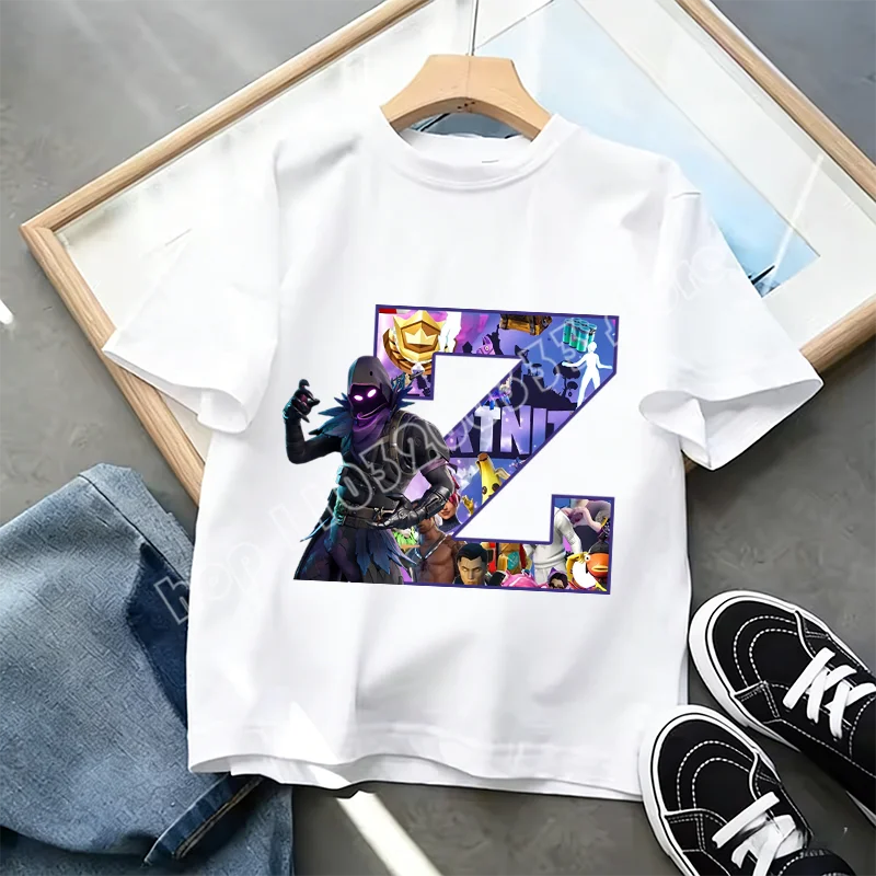 Tricou Fortnite cu imprimeu alfabet A-Z, de vară, pentru copii, alb, îmbrăcăminte cu joc cartoon popular, tricou fashion casual cu mânecă scurtă, cadou