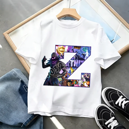 Tricou Fortnite cu imprimeu alfabet A-Z, de vară, pentru copii, alb, îmbrăcăminte cu joc cartoon popular, tricou fashion casual cu mânecă scurtă, cadou