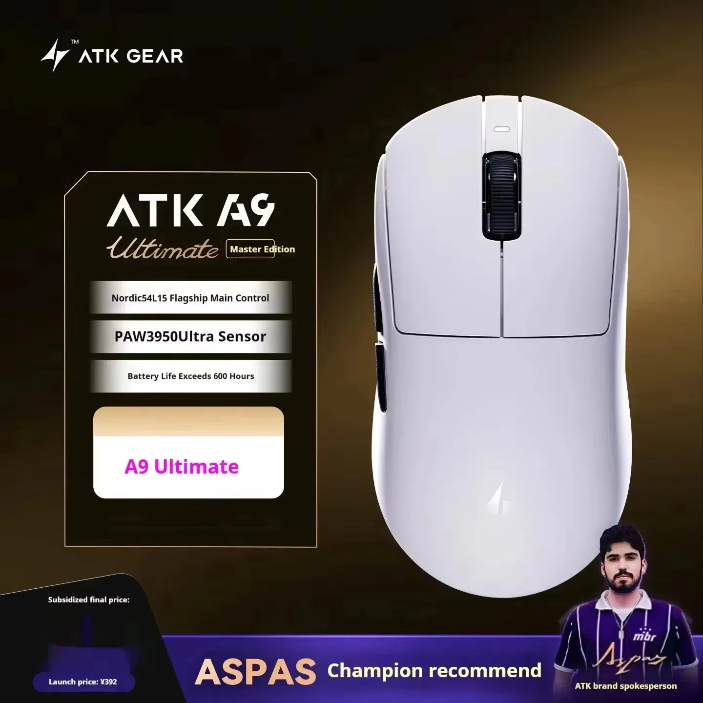 Bezdrátová herní myš ATK A9 s technologií NearLink, ergonomická, PAW3395, třírežimové Bluetooth, nízká latence, e-sportovní myš pro PC