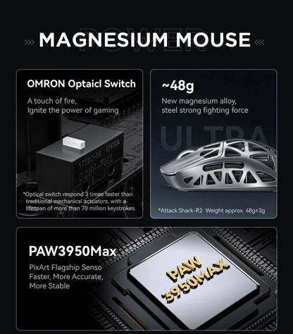 Attack Shark R2 vezeték nélküli gamer egér PAW3950 8K, könnyű magnéziumötvözet gamer egér, Bluetooth tri-mode kapcsolattal játékhoz/irodai használatra