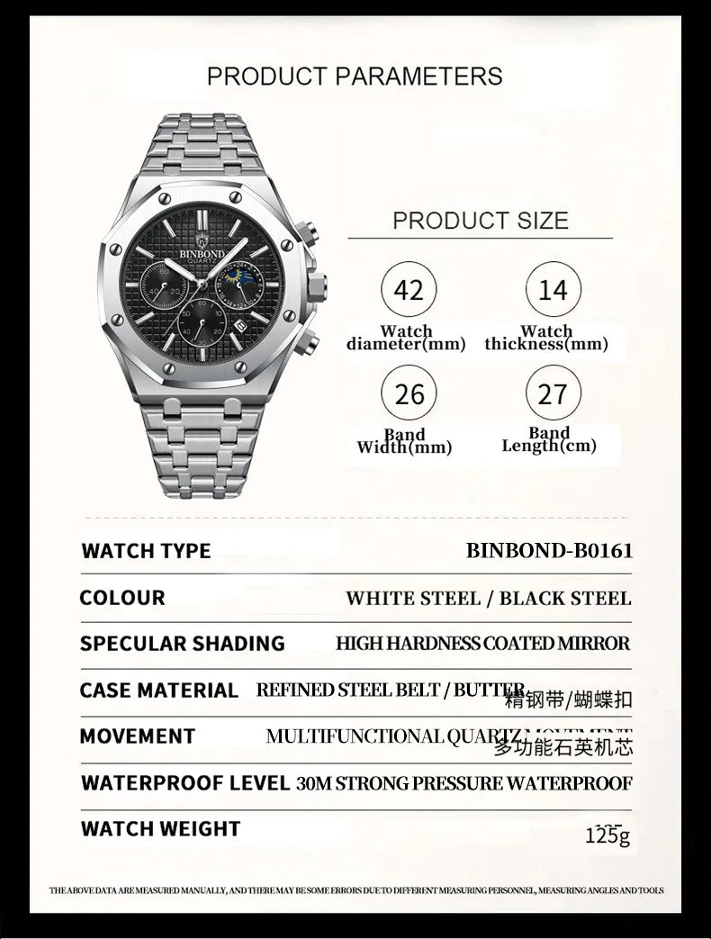 BINBOND 0161 Brand Man Quartz Watch Luxury Luminous Chronograph Wristwatch Stainless Steel Waterproof Men Date Calendar Clock