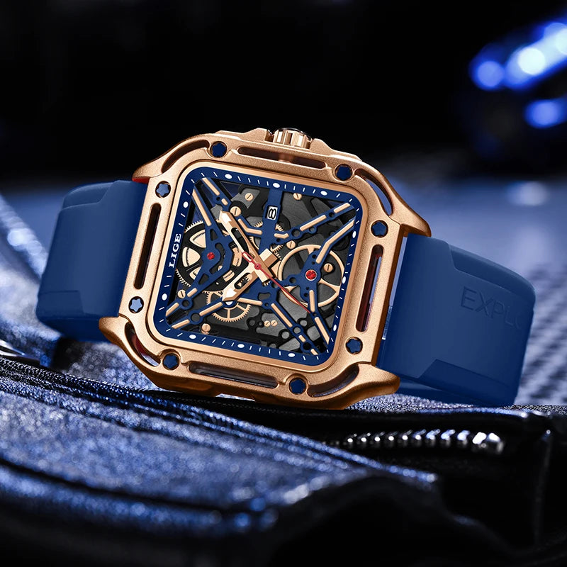 LIGE New Fashion Men Watches Luxury Large Dial Square Design Quartz Watch Casual Silicone Band Men's Sports Watches Reloj Hombre