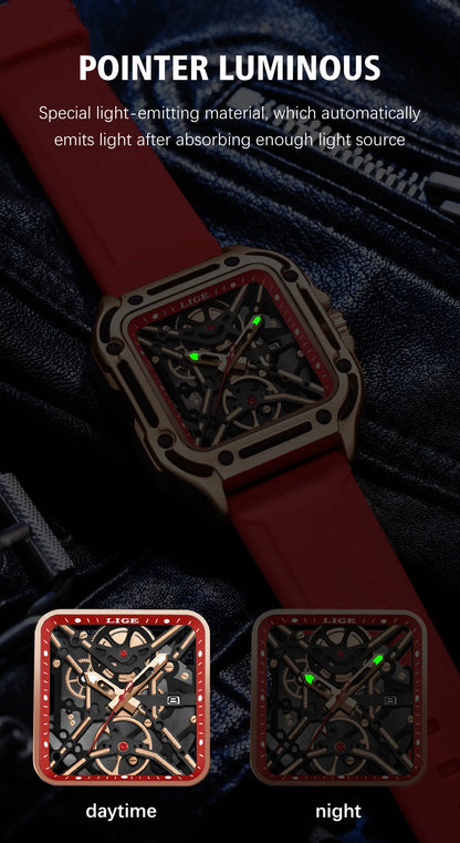 LIGE New Fashion Men Watches Luxury Large Dial Square Design Quartz Watch Casual Silicone Band Men's Sports Watches Reloj Hombre