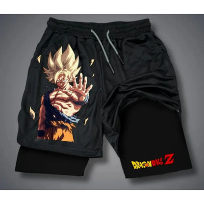 Letní pánské dvouvrstvé šortky 2-in-1 „Dragon Ball Goku Super Saiyan Retro Gym“ v oversized stylu s potiskem – na fitness, trénink i do města