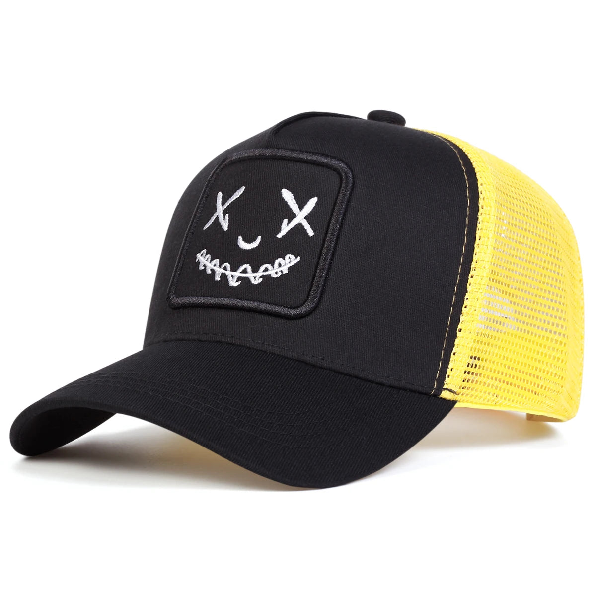Uomo Donna Cappellini da baseball con ricamo a forma di faccina sorridente in cotone, regolabili con chiusura a scatto, cappellini Hip Hop in rete, cappellini estivi da esterno, cappellini da sole, cappellini da papà