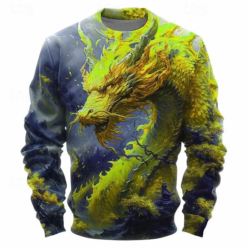Sweatshirt til mænd med 3D-print af modedrage, traditionelt kulturelt element, vintage og stilfuld O-hals, løs pullover til efteråret