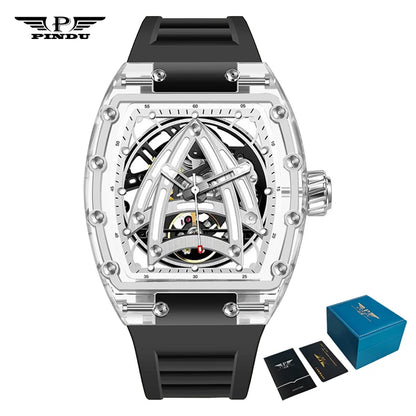 PINDU Designer Hollow Tonneau Mechanical Watch Men Luxury Brand Skeleton Automatic Watches Mens Sport Silicone Wristwatch JH3105