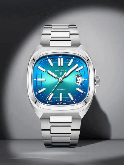 Shanghai Watch Automatic Mechanical Square Dial Men's Watch Luminous Water-Resistant to 50m Date Display Casual Wristwatch SH018