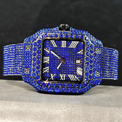 Green Diamond Watch For Men Brand UNIGUET Fashion Roman Literal Quartz Clock Man Hip Hop Iced Jewelry Square Wristwatch 2025 New