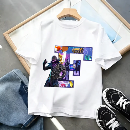 Tricou Fortnite cu imprimeu alfabet A-Z, de vară, pentru copii, alb, îmbrăcăminte cu joc cartoon popular, tricou fashion casual cu mânecă scurtă, cadou