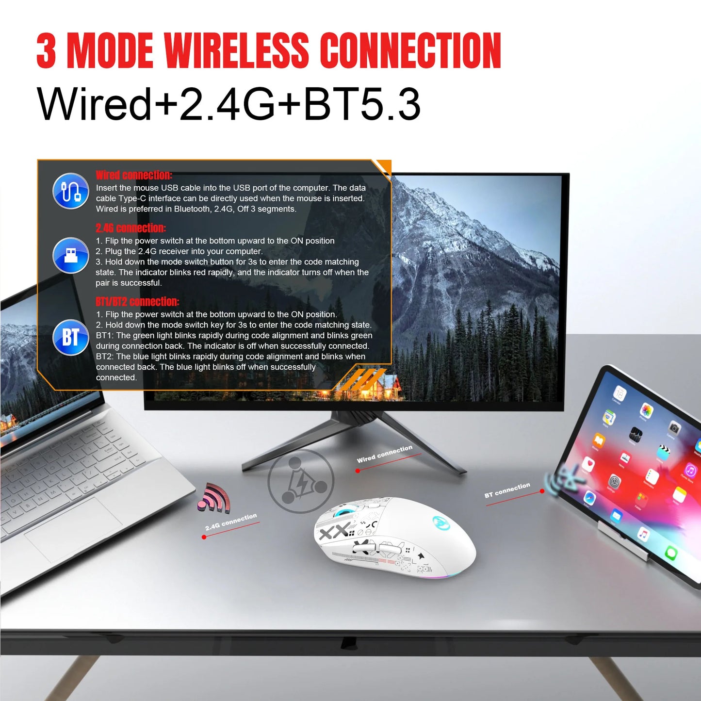 3 tilstande Bluetooth-gamingmus, genopladelig 2.4G USB trådløs mus med RGB-baggrundsbelysning til iPad, tablet, laptop og computer