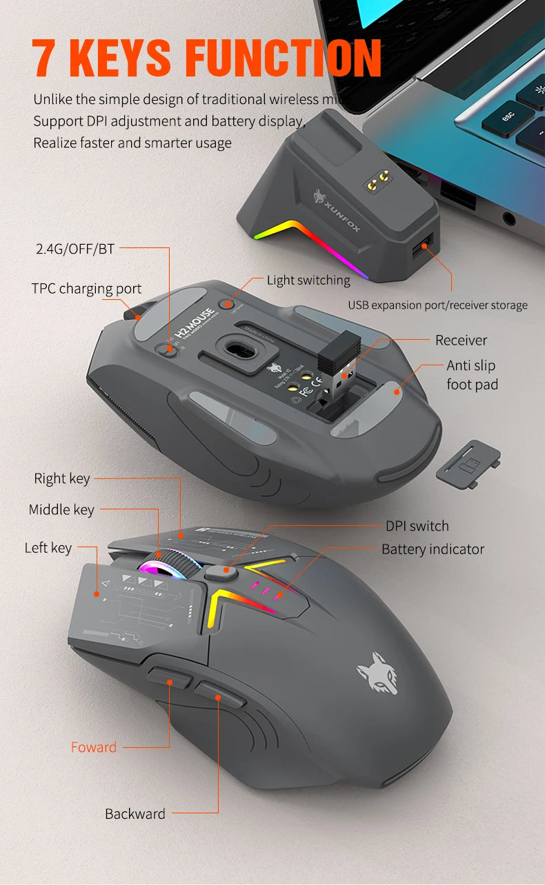XUNSVFOX H2 trådløs Bluetooth-mus med dual-mode, RGB-lyseffekt, til laptop, gaming og kontor, med magnetisk opladning