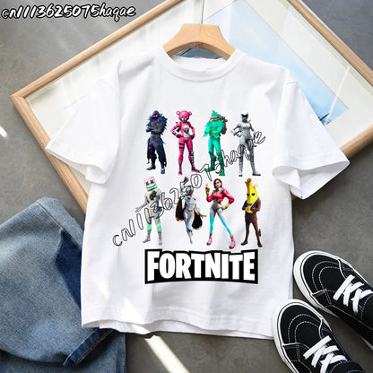 T-shirts Infantis Fortnite Novidade de Verão, T-shirt com Figura de Desenho Animado, Estampado Gráfico, Casual e Desportivo, Manga Curta, Tops Desportivos para Criança, Roupa para Rapazes