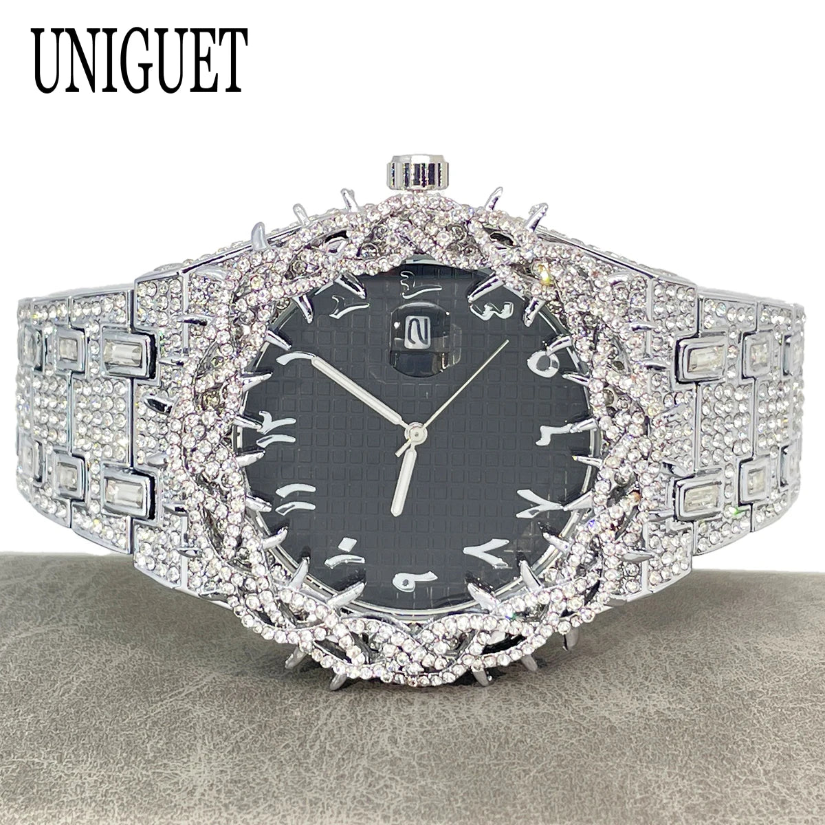 UNIGUET Luxury Full Diamond Watch For Men Fashion Hip Hop Ice Qut Bling Jewelry Quartz Wristwatch For Man Dropshipping