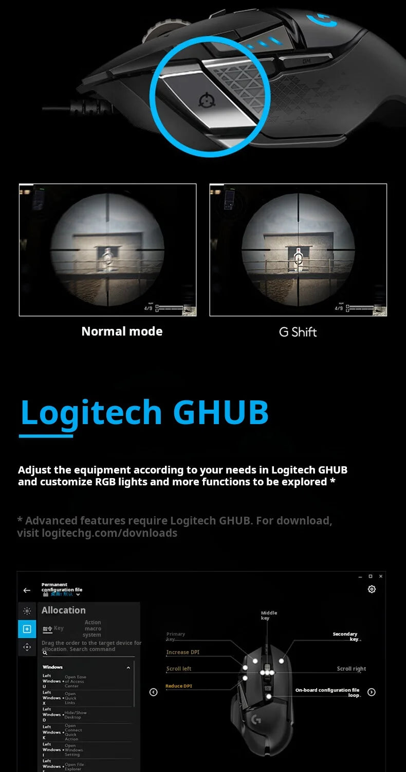 Herní myš Logitech G502 HERO s kabelem, e-sportovní mechanická myš s RGB osvětlením a nastavitelným vyvážením pro „Eat Chicken“, programovatelná makra