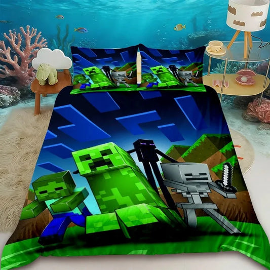 Capa de edredão infantil Cartoon Minecraft, conjunto de cama com capa de edredão, tamanho Queen, King e Full, com 1/2 fronha para quarto