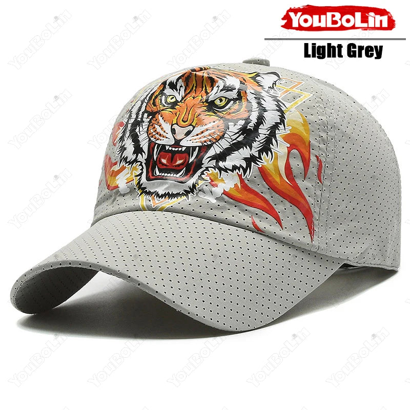 Outdoor Tiger Face Baseball Cap, Summer Quick-Dry Fabric, Mesh & Perforated Design, Ethnic Print Sun Protection Hat