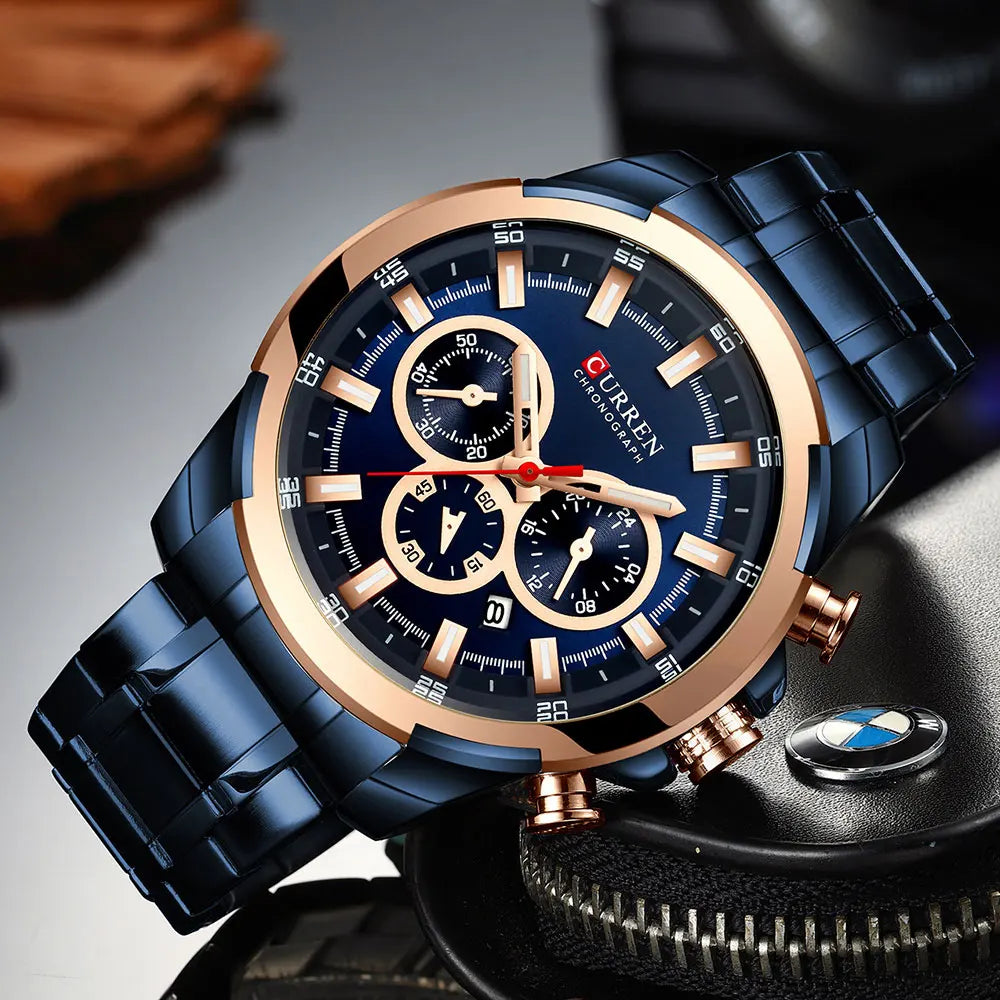 Relógio cronógrafo para homem CURREN, mostrador grande de 48 mm, bracelete em aço inoxidável, três submostradores, relógio de pulso desportivo de quartzo, estilo luxuoso