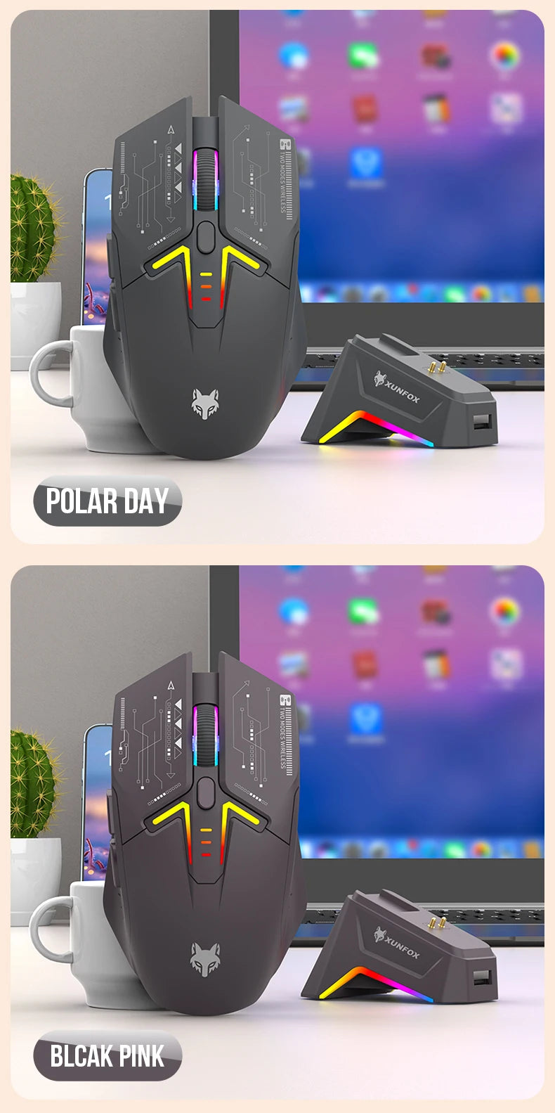 XUNSVFOX H2 trådløs Bluetooth-mus med dual-mode, RGB-lyseffekt, til laptop, gaming og kontor, med magnetisk opladning