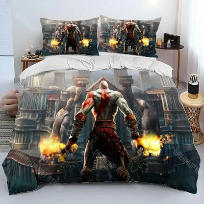 God of War Game Gamers Kratos Comforter Bedding Set,Duvet Cover Bed Set Quilt Cover Pillowcase,king Queen Size Bedding Set Kids