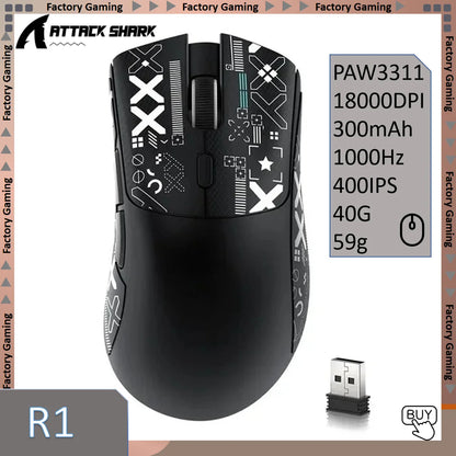 Ултралека мишка ATTACK SHARK R1 59g с PAW3311, 18000DPI, 400IPS, 40G, 1000Hz, три режима, основен чип Broadcom BK3633, 20 милиона кликвания
