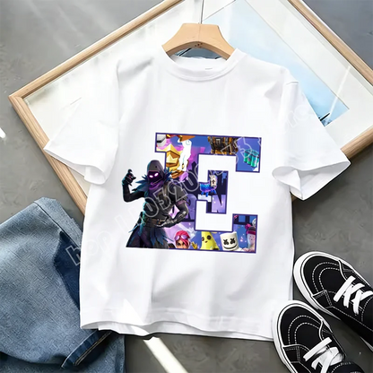 Tricou Fortnite cu imprimeu alfabet A-Z, de vară, pentru copii, alb, îmbrăcăminte cu joc cartoon popular, tricou fashion casual cu mânecă scurtă, cadou