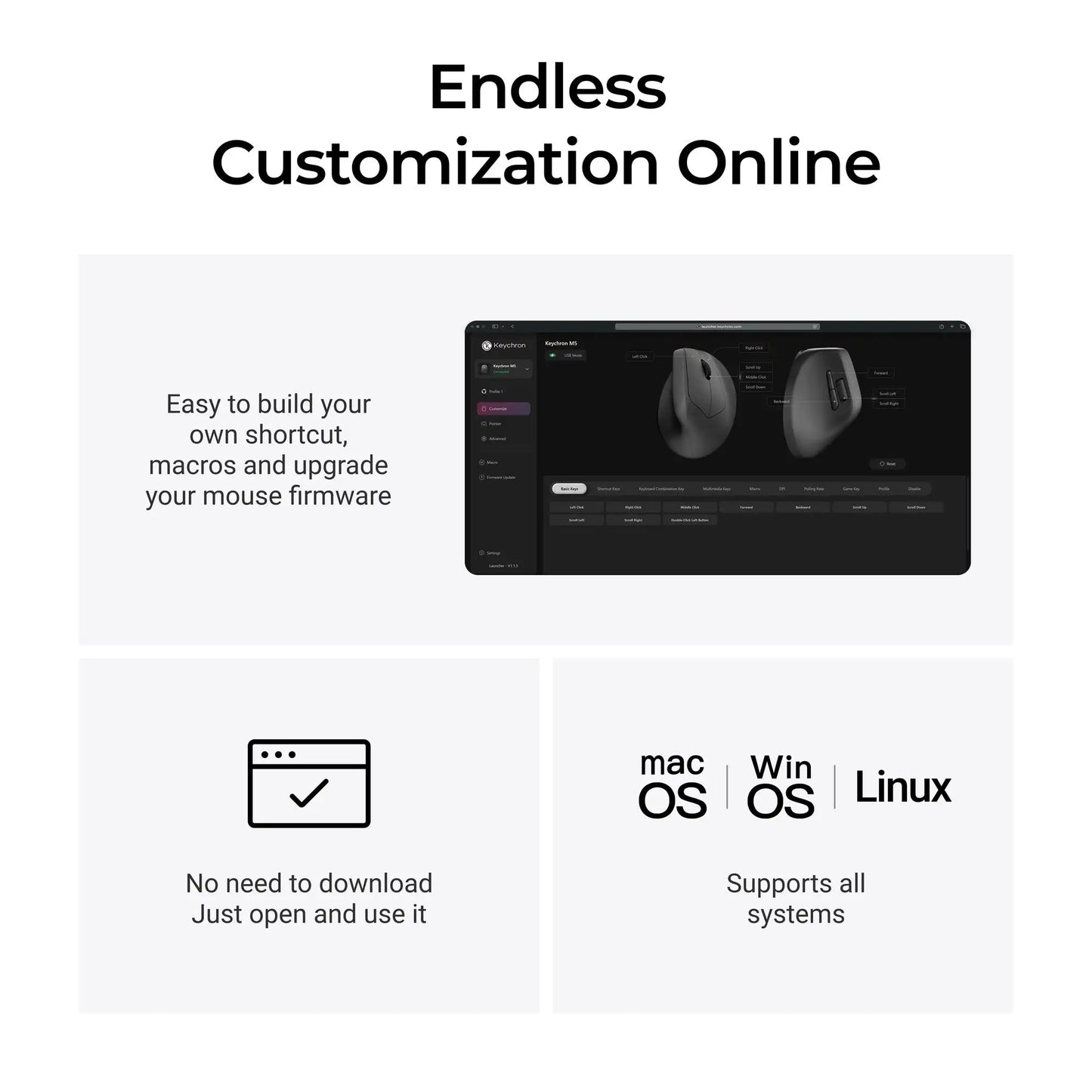 Keychron M5 trådløs ergonomisk optisk mus, 8K polling rate, 2.4GHz og Bluetooth, Type-C, 3950-sensor