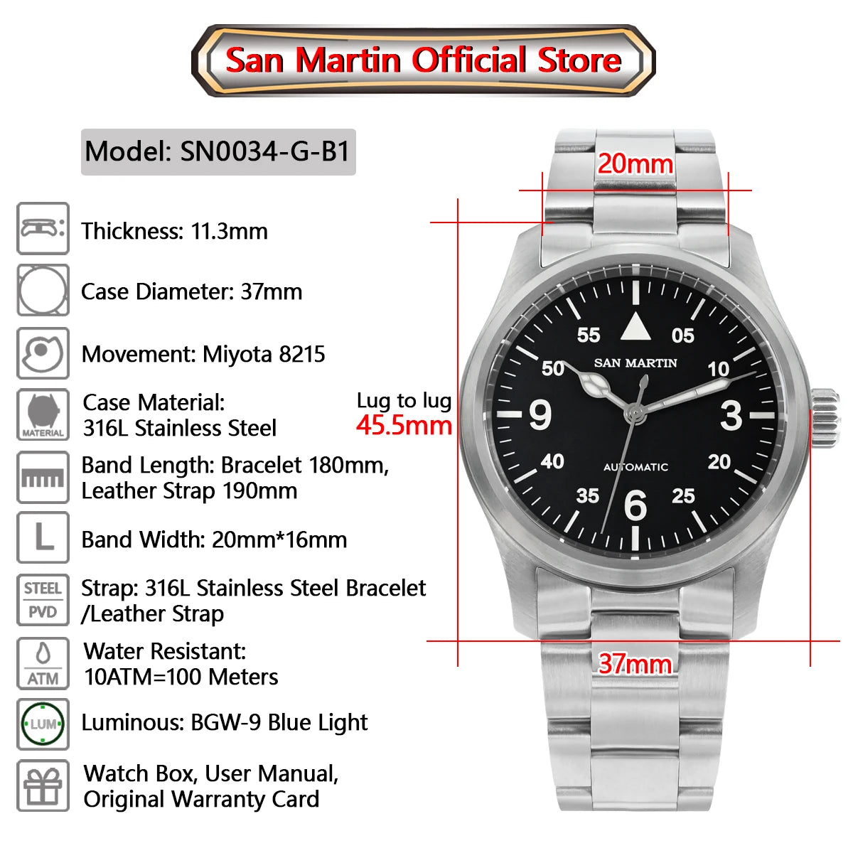 San Martin Men Pilot Watch 37mm Miyota 8215 Fashion Simple Style Military Automatic Mechanical Watches 100m Waterproof BGW-9