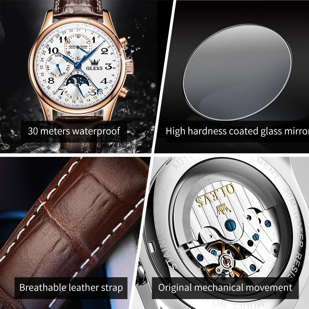 OLEVS 6667 Mens Watch Multifunctional Chronograph Mechanical Watch Leather Strap Moon Phase Watches For Man Luxury Original